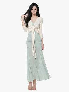 qiaocong | Elegant French Style Mesh Splicing Tied Waist Long Skirt Summer