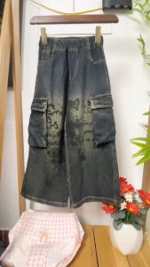 Quần bò bé trai và bé gái ống suông 5-12 tuổi túi hộp in chữ vải mềm co giãn dáng thời trang