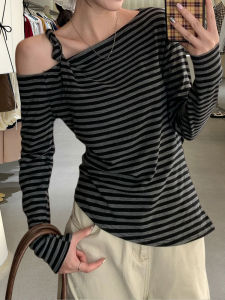 Áo Thun Nữ Dài Tay Thường Ngày Mùa Hè 2025 Áo Thun Tay Dài Thường Ngày Không Đều Vai Phong Cách Hàn Quốc Cạp Cao