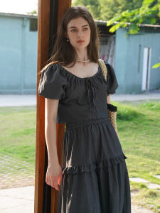 MioraStudio French Vintage Washed เดนิม Lazy Short เสื้อท่อนบน สูง เอว เสื้อเบลาส์ ครึ่งตัว กระโปรง ทรงเอ ยาว กระโปรง โพลีเอสเตอร์ ไฟเบอร์