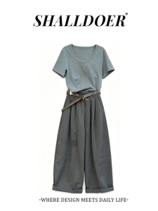 Shalldoer | Casual Loose Two Piece Set Summer New Gray U-neck Short Sleeve T-shirt Wide Leg Pants