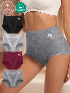 MIOTAN 4pcs Womens High-Waisted Tummy Control Briefs - Soft Cotton Breathable Underwear Tummy Control & Posture Support 4