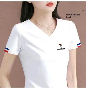 Slim Fit Pure Cotton Short Sleeve V-Neck T-Shirt Womens Summer New Style Large Size Thin Type Casual Top Breathable Comfortable