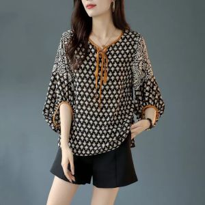 Fashion Korean Style Commute Printed Shirt Female Summer Top New Large Size Chiffon Shirt Women