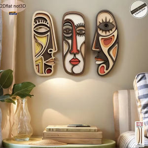 Bộ 3 Tác Phẩm Nghệ Thuật Treo Tường Bằng Gỗ Hình Mặt Trừu Tượng Tối Giản Trang Trí Theo Phong Cách Bohemian Kèm Băng Dính Nano Hai Mặt Dùng Cho Phòng.