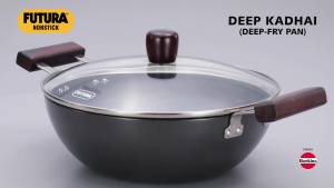 Hawkins Futura 3 Litre Wok (Deep Kadhai) Non Stick Kadai with Glass Lid Flat Bottom Induction Kadhai Black (INK30G)