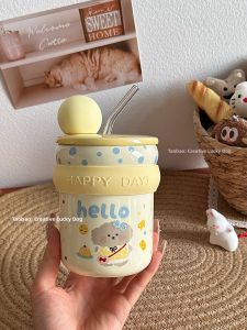 Cute Pet Decorated Gift Ceramic Mug Cup with Lid and Straw