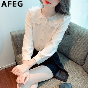 AFEG Solid Color Korean Doll Collar Fashion Loose Versatile Chiffon Puff Sleeve Blouse for women