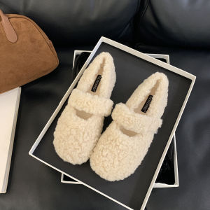 JIJI Studios Fleece Lined Lamb Fur Mary Jane Flat Bottom Womens Shoes Sweet Style round Toe Casual Fashion Single Shoes
