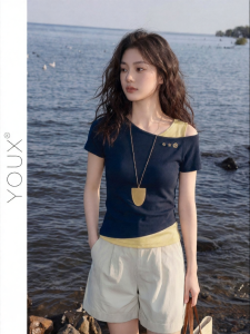 YOUXIANG | Áo Thun Ôm Body Mô Phỏng Đồ Bộ phối Màu