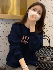 Versatile Thickened Pure Cotton Fleece Hoodie Womens Small Size round Neck Pullover Trendy Korean Style Long Sleeve Sweatshirt