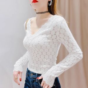 chaqi | Áo sơ mi ren cổ chữ V dày thời trang mùa thu đông cho nữ Áo lưới ngắn bên trong cổ thấp thường ngày bằng vải polyester