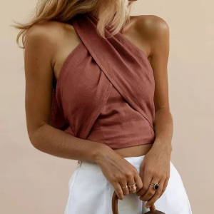 Áo Thun Nữ Màu Trơn Kiểu Ngắn Lưng Chéo Chất Liệu Polyester Pha Elastane Thiết Kế Hở Lưng Mặc Mùa Hè