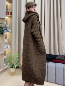 Fashionable Chocolate Brown Knitted Open Cardigan Long Sleeve Mid-Length Womens High-End Feel Top Spring Autumn Winter New Arrival