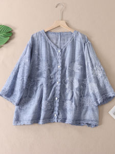 Cotton Breathable V-neck Embroidery Sun Protection Shirt Summer