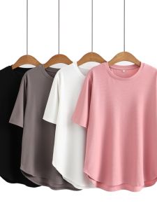 2023 Summer Design Sensation Round Arc Underneath T-Shirt for Women Plus Size Loose Fit Slimming Large Size Round Neck Short Sleeve Top