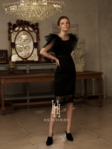 Elegant High Waist Slim Fit Black French Style Dress with Butterfly Sleeves by Haute Fantasies for Women Ages 26-35
