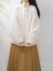 ชุดฮันฟูผู้หญิงฤดูใบไม้ร่วง/ฤดูหนาวคอตั้งแขนกลวงยาวปานกลางสไตล์วินเทจ กระโปรงทรงเอเอวสูง