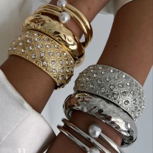 Ingemark Exaggerated Fashion Imitation Pearls Geometric Metal Bangles Hip Hop Punk Wrap Spring Bangles For Women Men Jewelry