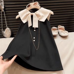 Melario | Summer New Black and White Korean Version Fashionable Girls Casual Clothes Lapel Bow Pearl Single Breasted Sleeveless Dress