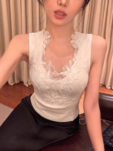 GUZILIAN | Summer Lace Splicing V-Neck Slim Fitting Sleeveless Top