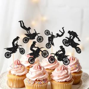 YOMDID 24Pcs Dirt Bike Motocross Cupcake Toppers Glitter Rider Cake Picks for Motorcycle Lovers Birthday Party Decoration