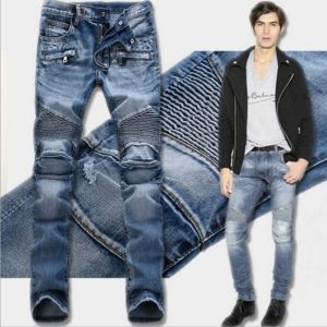 Fashionable High Street Motorcycle Pleated Denim Pants Elastic Biker Jeans with Pocket Zipper Slim Fit Cuffed Long Trousers