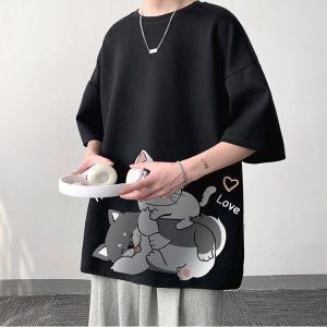 Cartoon Trendy plus Size Mens T-Shirt Loose Half Sleeve Hong Kong Style Short Sleeve Youthful Cotton round Neck T-Shirt