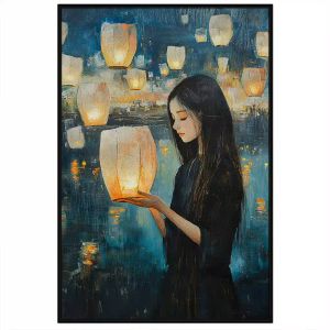 Tranh lễ hội chủ đề thiếu nữ đang nguyện ước trong ngày thả đèn lồng Khổng Minh.Tranh treo tườngdán tường.CGI-1247