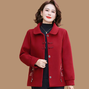 New 2024 Autumn Winter Chinese Style Womens Woolen Coat Middle Aged And Elderly Fashionable with Button Design Traditional Chinese Style