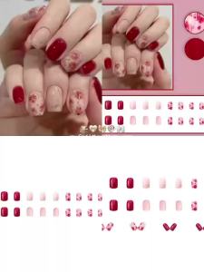 Medium long fake nails for women gradient nude red rose flowers design almond square shape full cover reusable press on nails