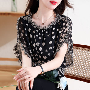 LUXURY Queen 2023 Summer New Fashion Style Style Slim Embroidery Foreigner Round Neck Short Sleeve Chiffon Women  Blouse