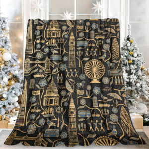 Beast Kingdom | Black Gold London Landmark City Line Art Flannel Blanket Soft Fuzzy Plush Cozy Lightweight Throw for Sofa Bed Couch