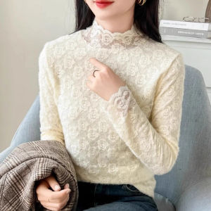 chaqi | Lace Base Shirt Womens Autumn Winter High Collar Long Sleeve Fleece Lined Slim Fit Fashionable White Top Inner Wear