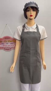 Tạp dề yếm trơn màu xám có túi+ nón kết lưới thực phẩm thủy sản bảo hộ tóc[Ảnh thật]