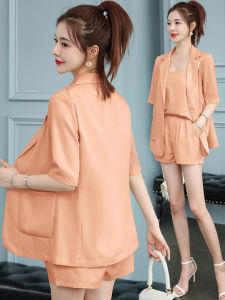 ชุดกางเกงขาสั้นสูทสไตล์ญี่ปุ่นสำหรับผู้หญิงในช่วงฤดูร้อน ชุดแฟชั่นลำลองบาง สไตล์ทำงาน ชุดสามชิ้น