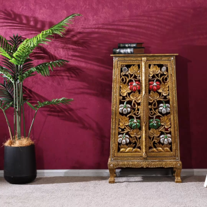 เฟอร์นิเจอร์ไม้เนื้อแข็งนกยูงพาร์ทิชันรูปแบบตู้สองประตูห้องนั่งเล่นสีทองตกแต่งตู้รองเท้าตู้เก็บของฟักทองดอกไม้ห้องโถง