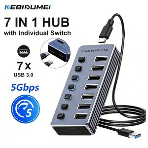 Kebidumei | KEBIDUMEI 7 Ports USB 3.0 Hub with Individual On/Off Switches Aluminum USB Splitter 5Gbps High Speed Adapter for Macbook Laptop