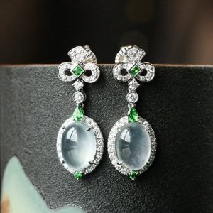 Egg-shaped Burmese Old Mine Jadeite S925 Silver Plated Gold Inlaid Diamond Earrings