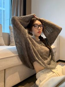 Early Autumn Hollow out Knitted Short Top Womens Lightweight Grey Loose Lazy Style Long Sleeve round Neck Pullover Sweater