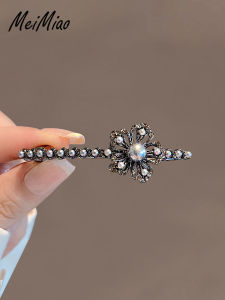 Elegant Black Pearl Flower Hairpin Small Size Half up Spring Clip Stylish Hair Accessories Korean Style Alloy Embedded
