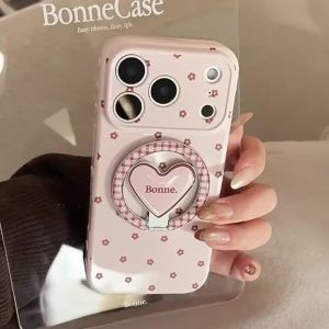 Potdemiel | Korean Full Screen Flowers Fold Love Heart Magnetic Holder Phone Case For iPhone 17 16 15 14 13 12 Pro Max Shockproof Soft Cover