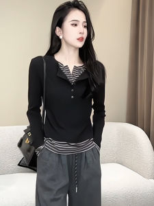 Fashionable Korean Style Long Sleeve T-Shirt Womens Slim Fit Patchwork Color Block Top Casual Wear Winter Season Ladies Tee