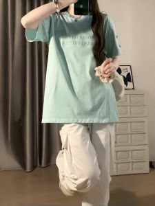 ผ้าฝ้ายมิ้นท์สีเขียวชุดกีฬาสําหรับผู้หญิงฤดูร้อนเลานจ์ขนาดใหญ่แขนสั้นกางเกงขากว้างชุดสองชิ้น