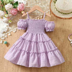 Gaun Anak Lengan Puffed Gadis Bahu Terbuka Warna Solid Kue Gaun Putri Elastis Modis