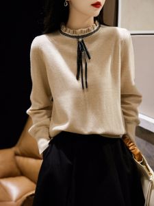 เสื้อสเวตเตอร์ถักนิตติ้งคอปกสูงครึ่งตัวผ้าขนสัตว์ผสมนุ่มสบายสไตล์ฤดูใบไม้ร่วงสีพื้นสำหรับผู้หญิง เสื้อชั้นในแบบสวมหัวแขนยาว