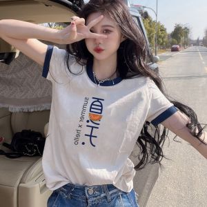 White round Neck Short Sleeve T-Shirt Womens Retro Print Base Shirt Commute Versatile Summer Korean Style Loose Fit Tee