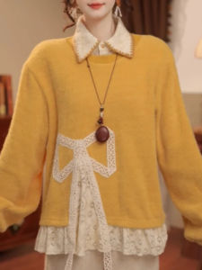 Shalldoer | Lace and Bow Decorated Two-Piece Style Collar Sweater