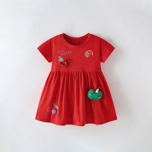 Red Cotton Short Sleeve round Neck Princess Dress for Girls Summer New Style Cute Childrens Clothing Malwee Brand Kids Fashion