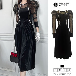 ชุดราตรี เดรสผู้หญิง เดรสไปงานแต่ง เดรสไปใช้ส่วนผ้าดำ เดรสทรงเอ เดรสผ้ากำมะหยี่ เดรสยาว เดรสออกงาน เดรสเซ็กซี่ เดรสเกาหลี ชุดออกงาน 9421